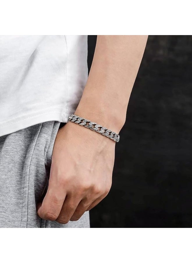 SHOWDAY Men’s Stainless Steel Chain Bracelet, Engraved Cuban Link Silver Tone Bracelet for Men, Heavy Duty Clasp, Vintage Punk Biker Jewelry Gift - Image 2